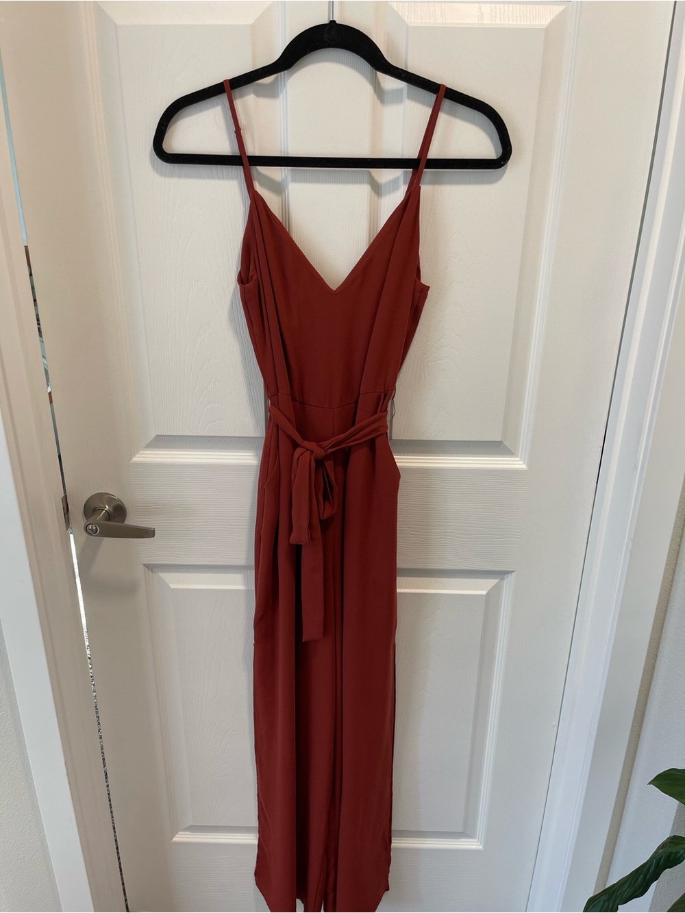 Sleeveless Rust V-Neck Tie-Waist Jumpsuit Dress
